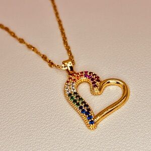 Multicolor CZ Pave Heart Hollow Pendant Dainty Chain Necklace